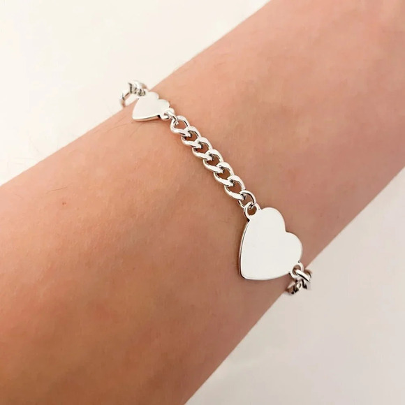 925 Sterling Silver Heart Link Bracelet Paperclip Bracelet Heart Charm Bracelet - Picture 4 of 4